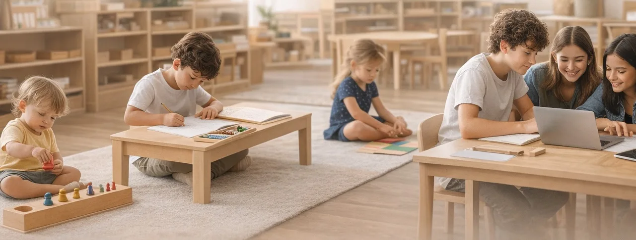 Montessori classroom,  natural light, wood, calm