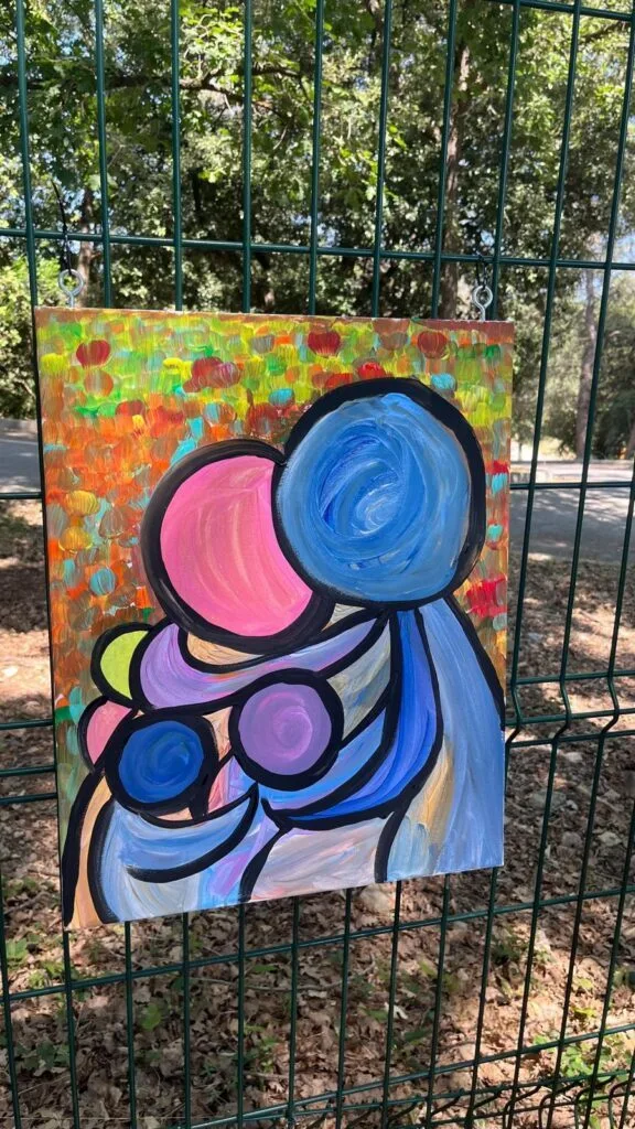 Peinture abstraite representant une mere et son enfant
